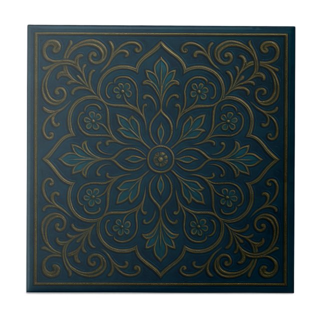 Vintage Teal Floral Ceramic Tile (Front)