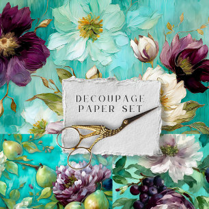 Vintage Teal Floral Furniture Decoupage Wrapping Paper Sheets