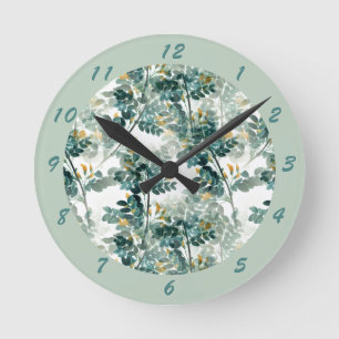 Vintage Teal Foliage Leaves Elegant Chic Pattern Round Clock