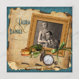 Vintage Teal, Gold Frame Photo Wedding Invite