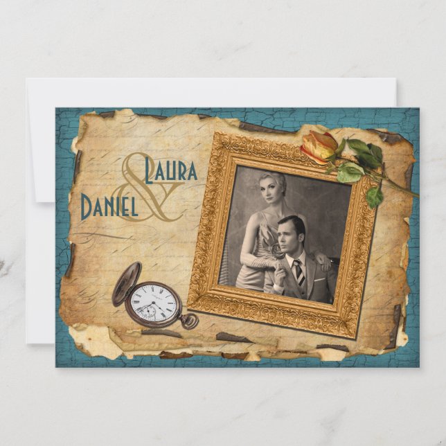 Vintage Teal, Gold Frame Photo Wedding Invite II (Front)