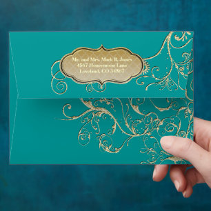 Vintage Teal Gold Swirl Wedding Envelope