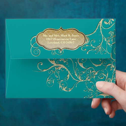 Vintage Teal Gold Swirl Wedding Envelope