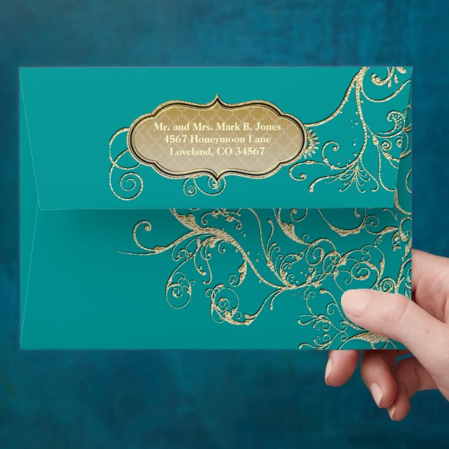 Vintage Teal Gold Swirl Wedding Envelope (Hand)
