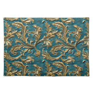 Vintage teal gold tooled leather cloth placemat