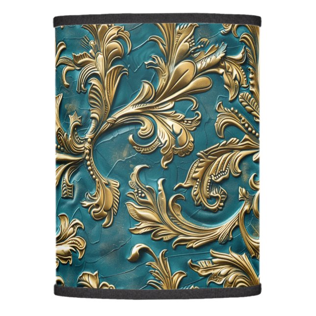 Vintage Teal gold tooled leather Lamp Shade (Front)