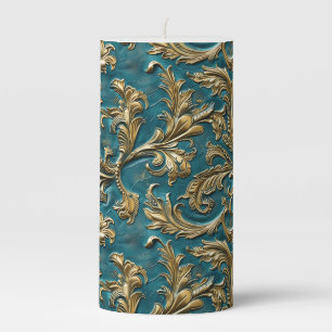 Vintage Teal gold tooled leather Pillar Candle