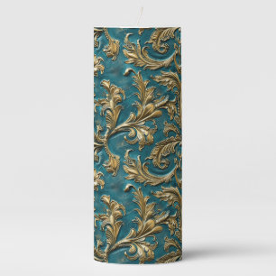 Vintage Teal gold tooled leather Pillar Candle