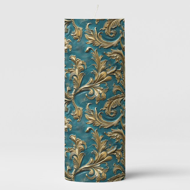 Vintage Teal gold tooled leather Pillar Candle (Front)