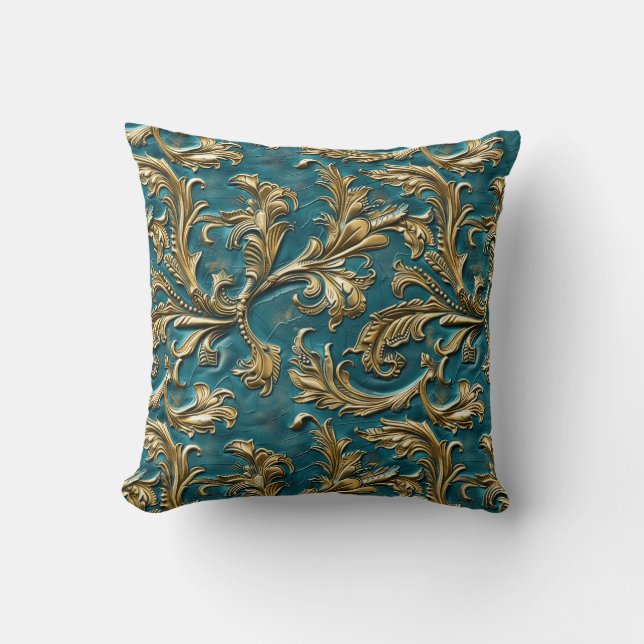 Vintage Teal gold tooled leather Throw Pillow (Front)