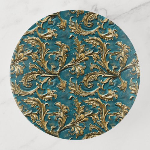 Vintage Teal gold tooled leather Trinket Tray