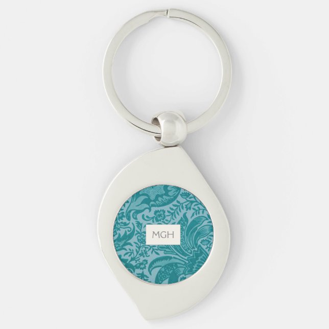 Vintage Teal Green Floral Botanical Monogram Keychain (Front)