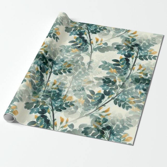 Vintage Teal Green Foliage Leaves Elegant Pattern Wrapping Paper (Unrolled)