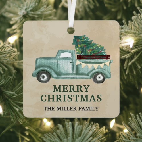 Vintage Teal Green Pickup Truck Christmas Metal Ornament