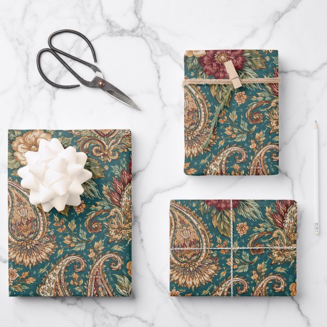 Vintage Teal Heirloom Paisley Garden Wrapping Paper Sheets (Front)