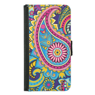 Vintage Teal Hot Pink Purple Green Paisley Pattern Samsung Galaxy S5 Wallet Case