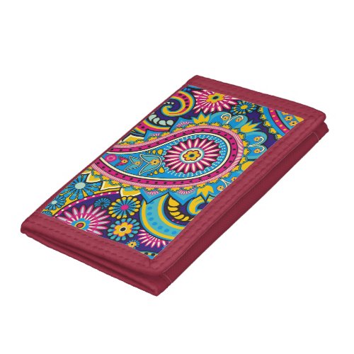 Vintage Teal Hot Pink Purple Green Paisley Pattern Trifold Wallet