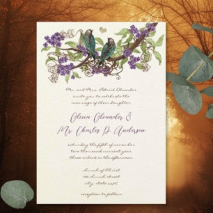 Vintage Teal Love Bird Purple Blossoms Wedding Invitation