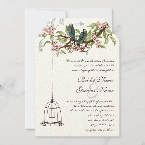 Vintage Teal Love Birds Birdcage  Pink Blooms Invitation