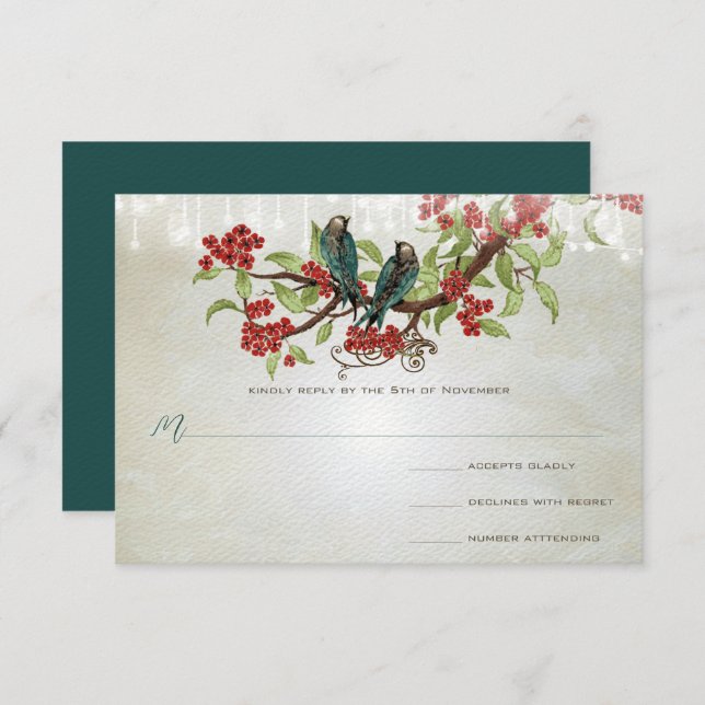 Vintage Teal Love Birds Red Blossom Gray Wedding  RSVP Card (Front/Back)