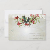 Vintage Teal Love Birds Red Blossom Gray Wedding  RSVP Card (Front)