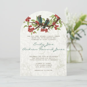 Vintage Teal Love Birds Red Cherry Blossom Invitation