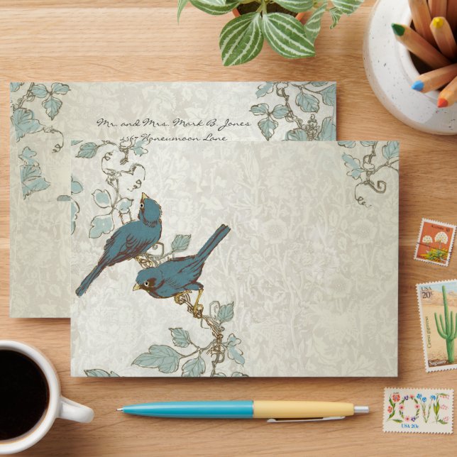 Vintage Teal Love Birds Wedding Envelope (Desk)