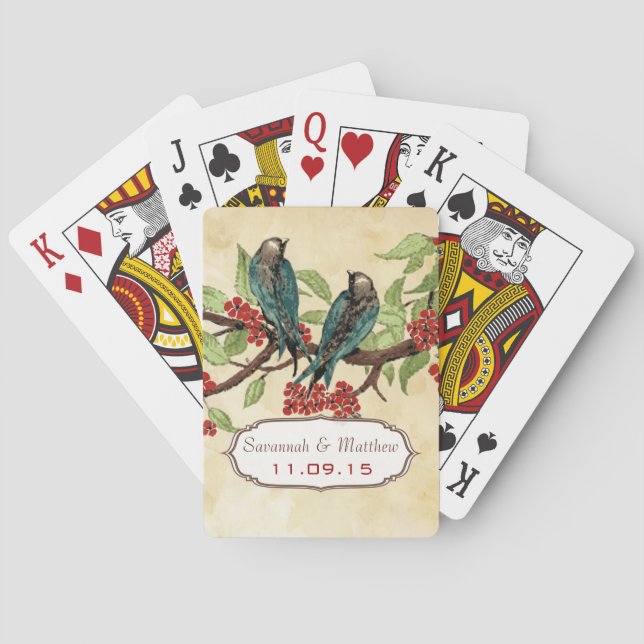 Vintage Teal Love Birds Wedding Gift Playing Card (Back)