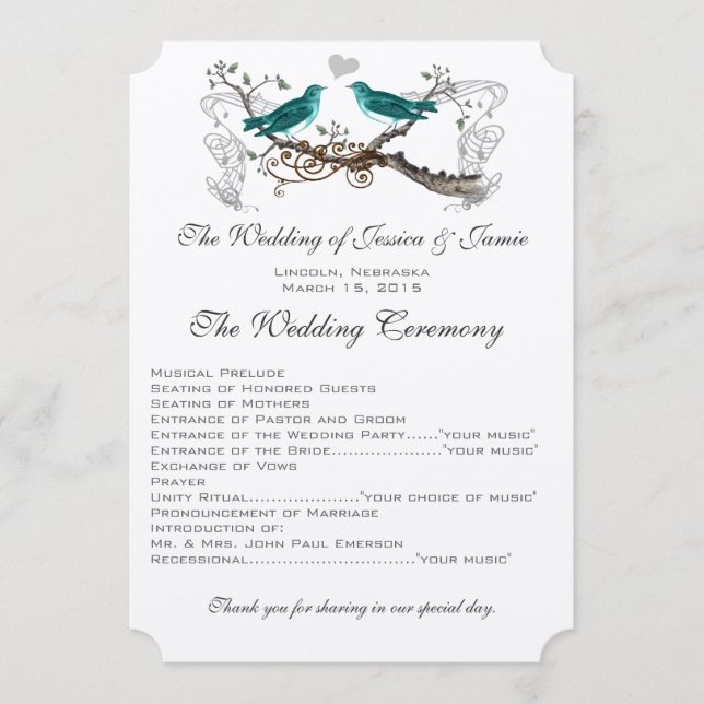 Vintage Teal Love Birds Wedding Program (Front)