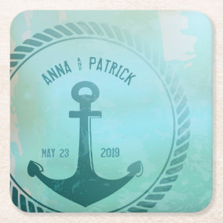 Vintage Teal Nautical Anchor Custom Wedding Favor Square Paper Coaster