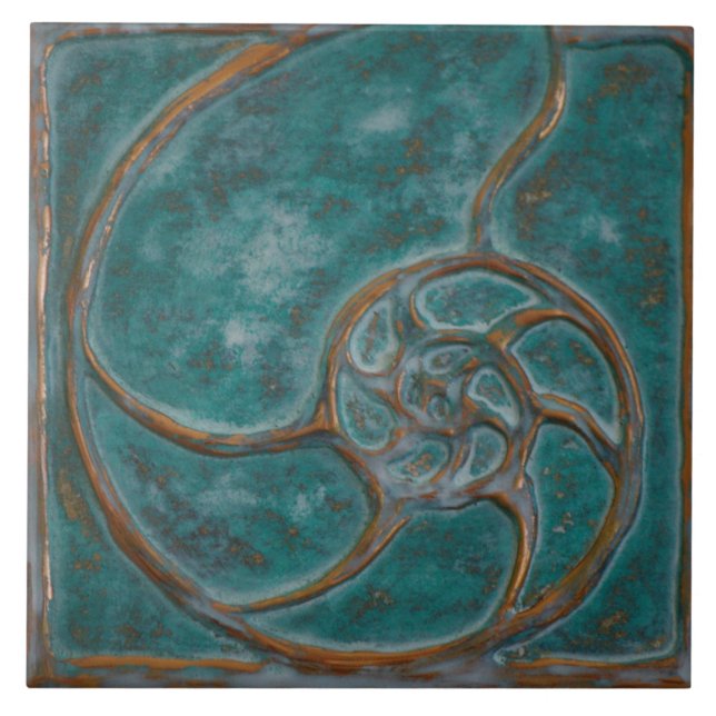 Vintage Teal Nautilus Shell Tile (Front)