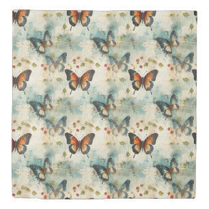 Vintage Teal Orange Butterfly Botanical Duvet Cover