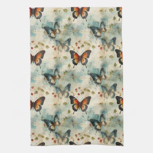 Vintage Teal Orange Butterfly Botanical Kitchen Towel