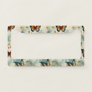 Vintage Teal Orange Butterfly Botanical License Plate Frame