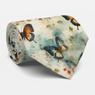 Vintage Teal Orange Butterfly Botanical Neck Tie