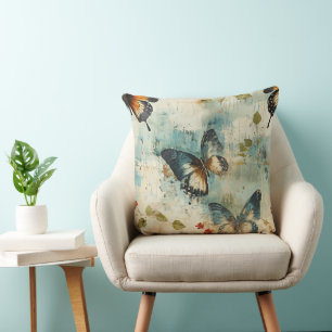 Vintage Teal Orange Butterfly Botanical Throw Pillow