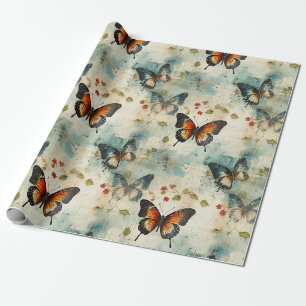 Vintage Teal Orange Butterfly Botanical Wrapping Paper