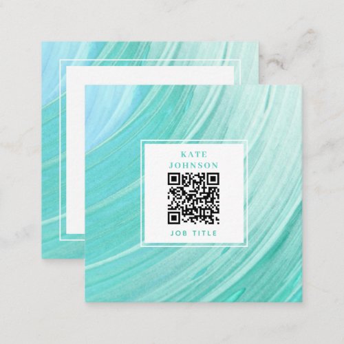 Vintage Teal Painted Abstract QR Code Social Media Square Business Card