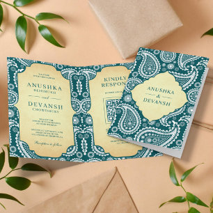 Vintage Teal Paisley Indian QR Code Wedding Invitation