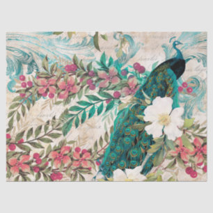 Vintage Teal Peacock and Pink Floral Decoupage Tissue Paper