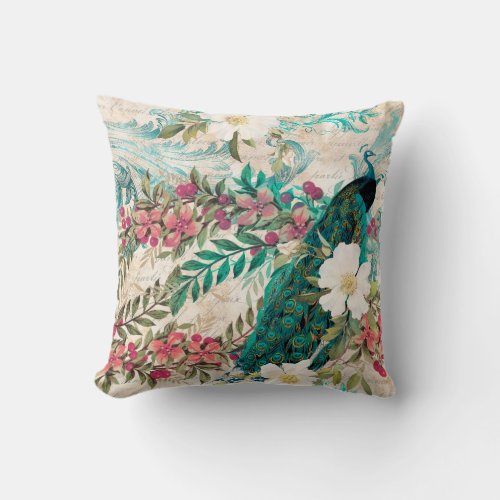 Vintage Teal Peacock and Pink Floral Throw Pillow