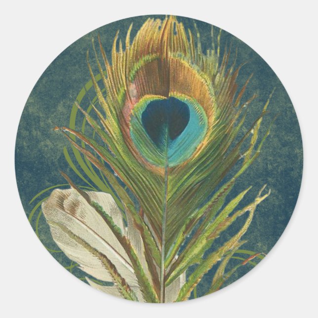 Vintage Teal Peacock Feather Classic Round Sticker (Front)