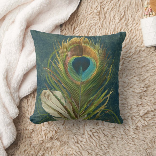 Vintage Teal Peacock Feather Throw Pillow (Blanket)