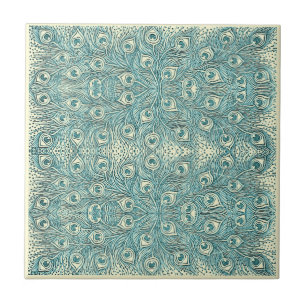 Vintage Teal Peacock Feathers Art Nouveau Pattern Ceramic Tile