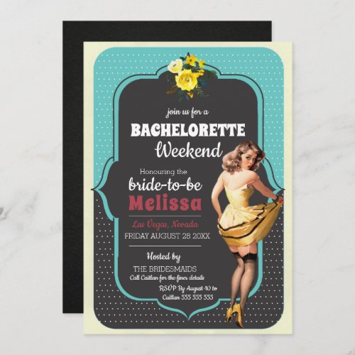 Vintage Teal Polka Dot Retro Pin Up Bachelorette Invitation