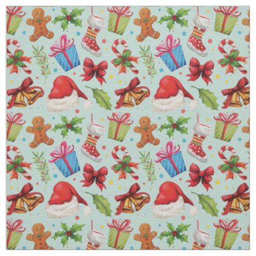 Vintage teal red green floral Christmas pattern Fabric