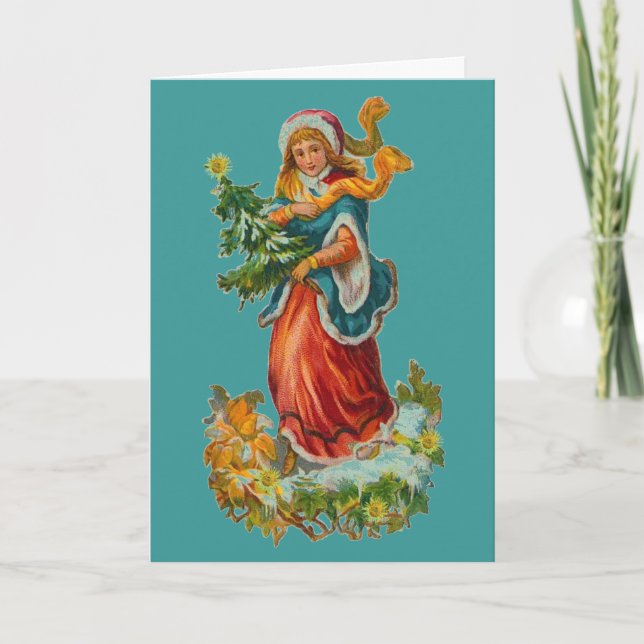 Vintage Teal Ribbon Christmas Card (Front)