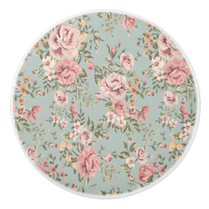 Vintage Teal Rose Bouquet Drawer Knob
