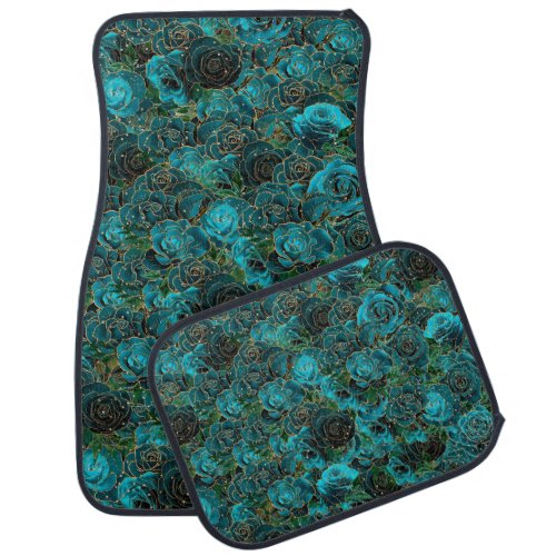 Vintage Teal Rose Golden Glitter Glam Floral Boho Car Floor Mat