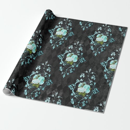 Vintage Teal Roses and Black Harlequin Pattern Wrapping Paper